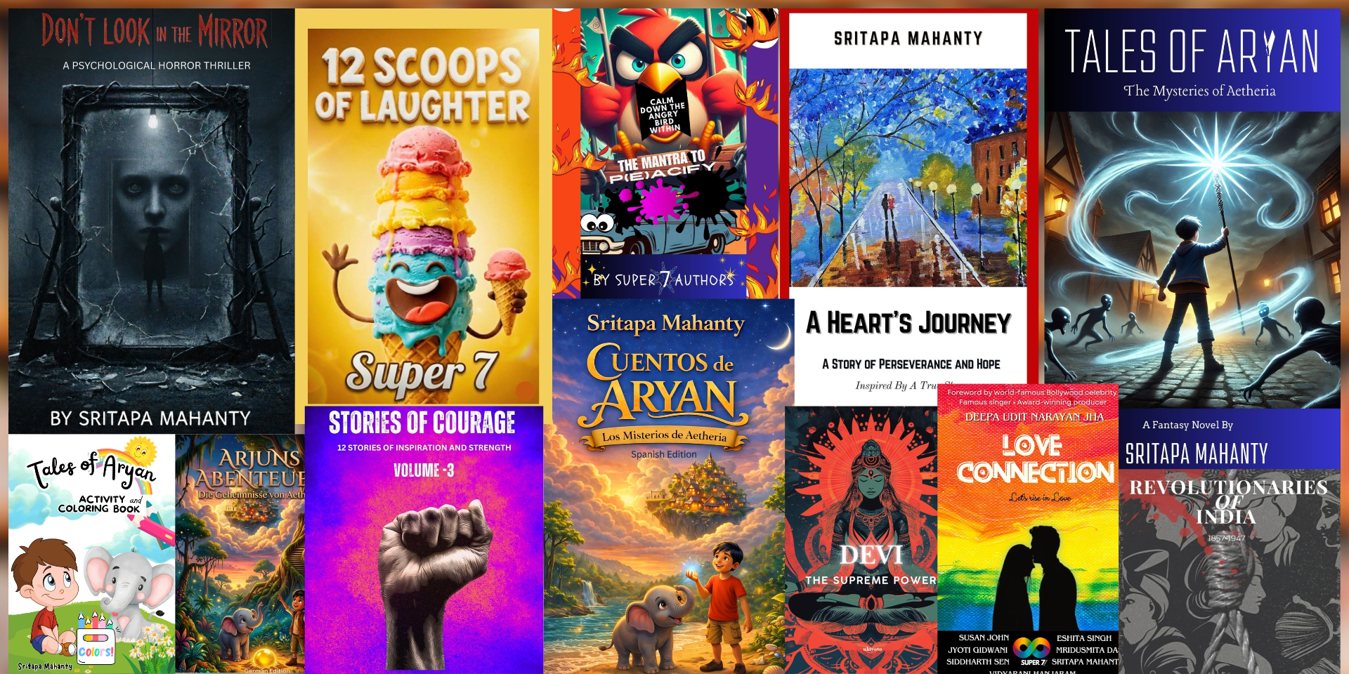 A cinematic collage of all books by Sritapa Mahanty — 15+ titles across genres