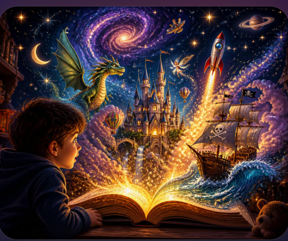 A young storyteller watching a castle, dragon, rocket and pirate ship rise from an open book